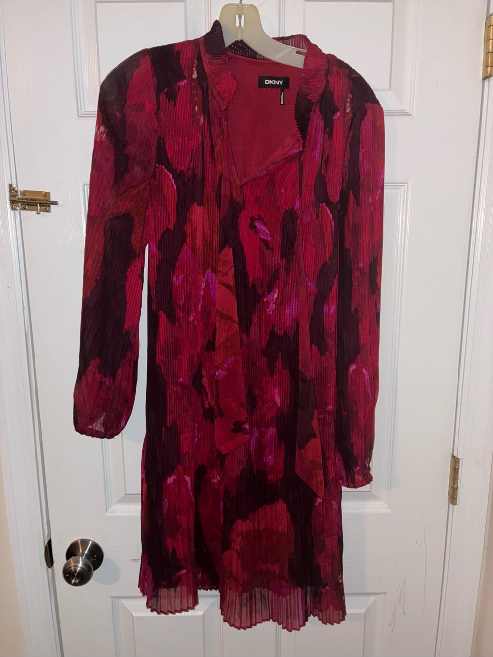 DKNY Pleated Abstract Floral Dress Red Burgundy Pink